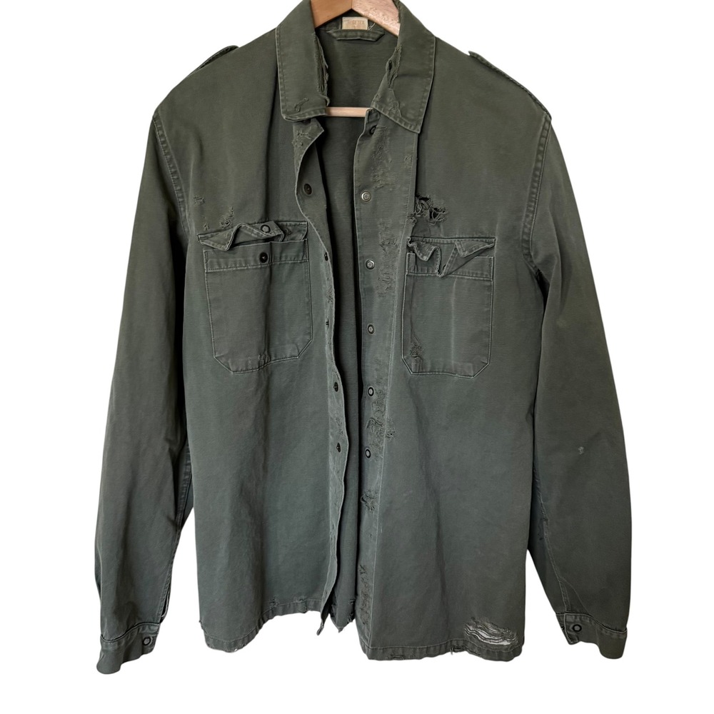 ABL Belgian Military Field Shirt Mens 50 L Olive Green Fair Distressed Epaulets